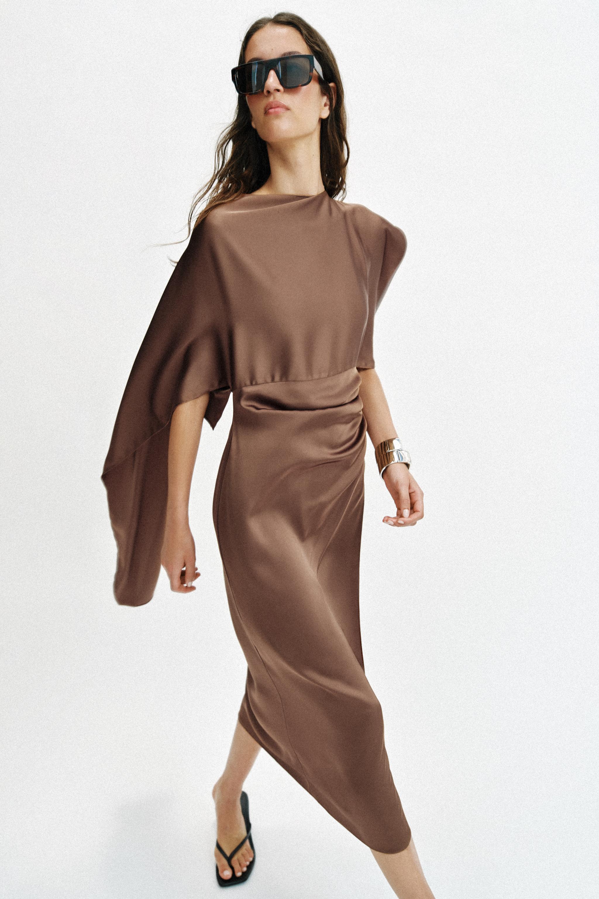 SATIN EFFECT CAPE MIDI DRESS